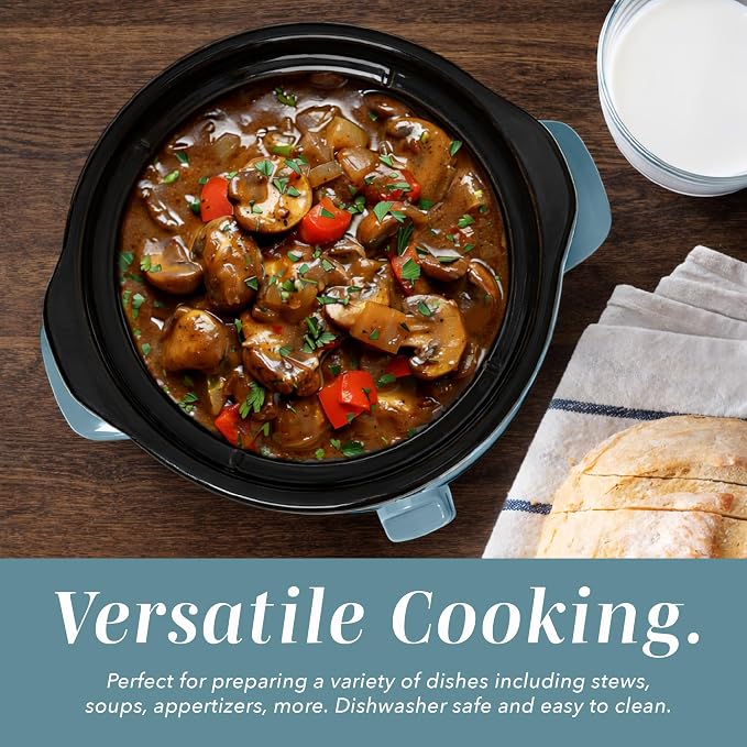 COOK WITH COLOR 2QT Mini Electric Round Slow Cooker - Adjustable Settings, Removable Stoneware Pot, Tempered Glass Lid, Dishwasher Safe, Cool-Touch Side Handles, Slate Blue