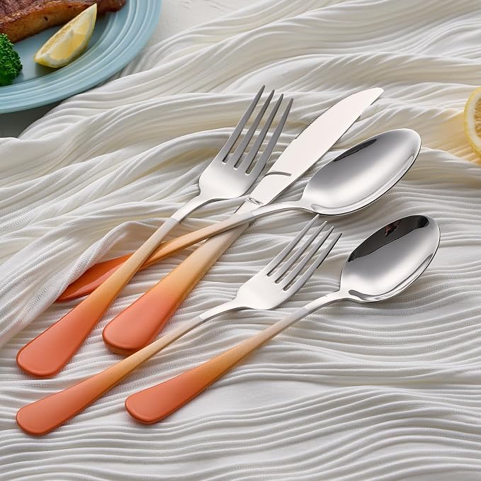 20-Pieces Color Silverware Sets for 4,Orange and white Handle Stainless Steel Cutlery Set, Include Forks Spoons and Knives Set, Dishwasher Safe Utensil Sets for Home Restaurant