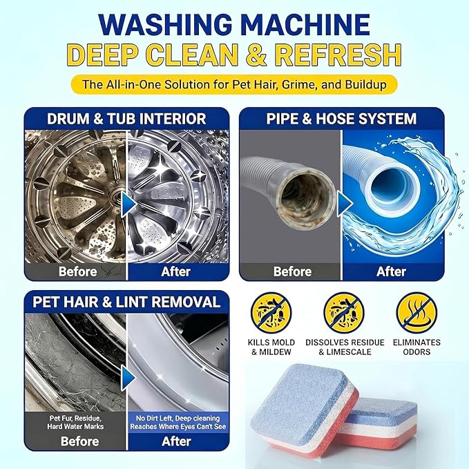 Washing Machine Cleaner,Formulated for Pet Owners,Colorful 15 Pack | 6 Month Supply,Compatible with HE, Top & Front Load Washer,Septic Safe,Fresh Scent,Removes Residue,Remove Stubborn Pet Hair