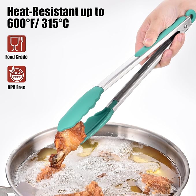 Doosu Kitchen Tongs with Silicone Tips for Cooking Serving (3Pcs, Aqua Sky) | 600°F Heat Resistant Food Tong, Heavy Duty Stainless Steel Locking Tong for BBQ, Grilling Steak, Salad, Toast, Pasta