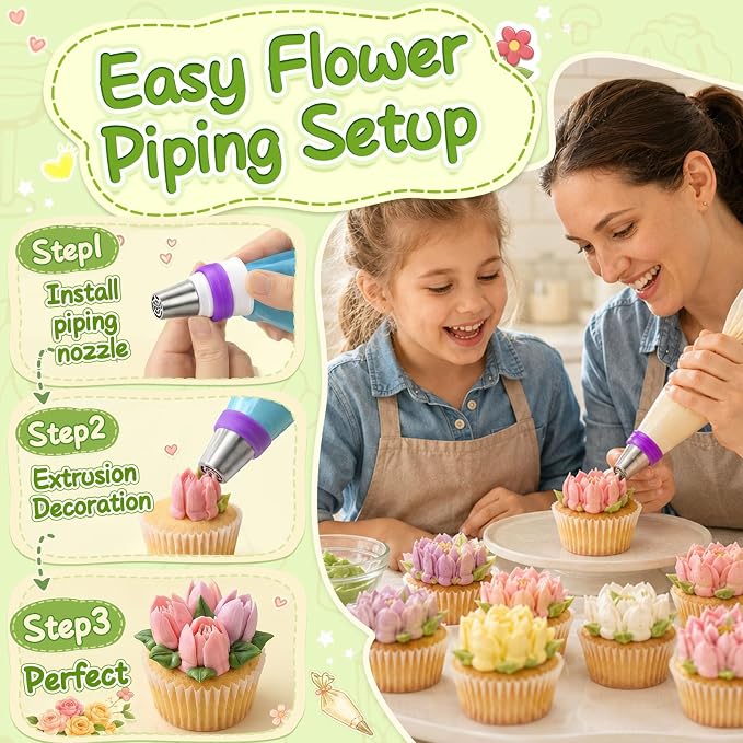 Suuker 27 Pieces Russian Piping Tips Set | 12 Icing Tips, 10 Pastry Baking Bags, 2 Leaf Piping Tips, 2 Couplers, 1 Silicone Bag