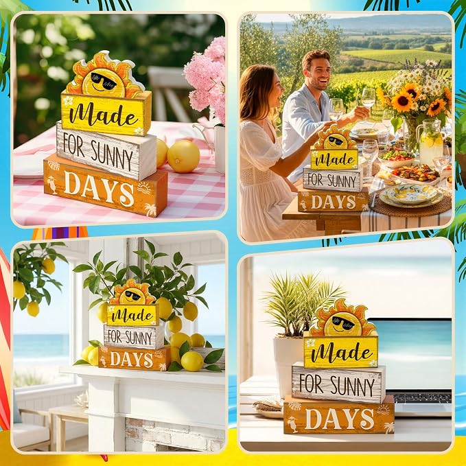 Lineshading 4 Pcs Summer Table Decor Farmhouse Wooden Sun Beach Block Signs | Rustic Tiered Tray Decorations for Summer Home Decor, Sunny Days Theme Wooden Blocks with Sun Design