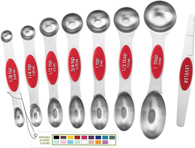 Spring Chef Stainless Steel Magnetic Measuring Spoons Set of 8, Red | Dual Sided Metal Teaspoon & Tablespoon Measuring Spoons with Leveler for Dry & Liquid Ingredients, Fits in Kitchen Spice Jars