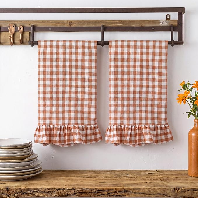 HunnmingRe 2 Pcs Orange Gingham Kitchen Towels Cotton Ruffled | Checked Dish Towels 18"x28" Tea Cloths Plaid Cottage Core Kitchen Decor for Farmhouse Charm Drying Dishes Entertaining Guests