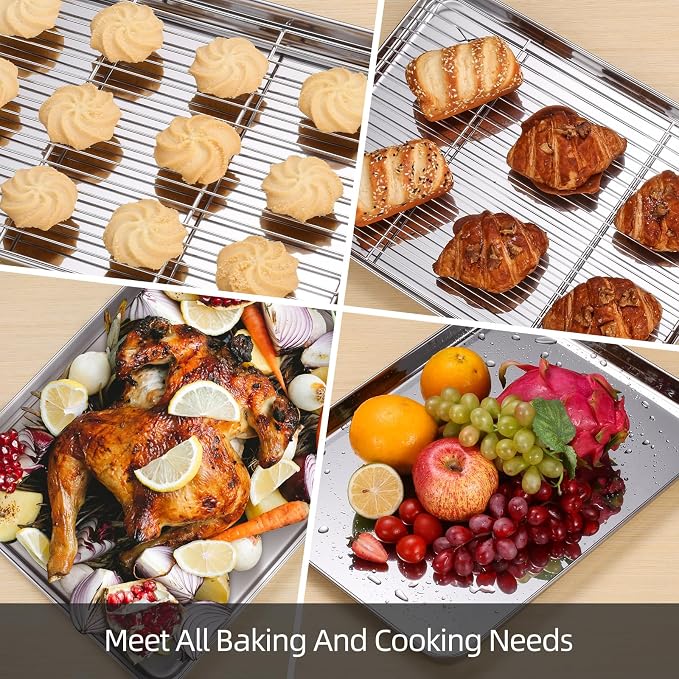 Amrules Baking Sheet with Cooling Rack, Set of 6, Kitchen Baking Pans | Including 3 Premium Stainless Steel Cookie Sheets, 3 Wire Racks, 3 Different Sizes, Nonstick, Heavy Duty Non Toxic