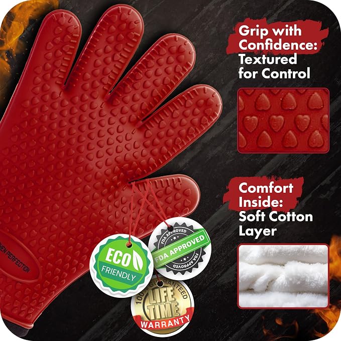 KITCHEN PERFECTION XL Silicone Smoker BBQ Gloves -Heat Resistant Oven Mitts | Waterproof, 5-Finger Design For A Better Grip, for Pitmasters, Meat Smoking, Grilling, Cooking, Frying Turkey | Grill Gift