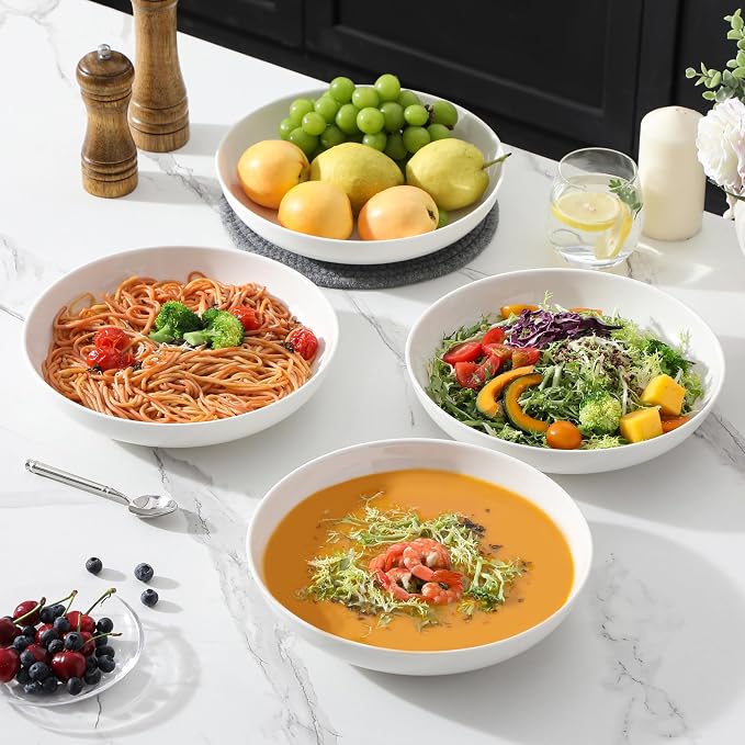 MALACASA 10" Large Pasta Bowls Set of 4, 56 OZ Wide and Shallow Salad Bowls Soup Bowls, Porcelain White Serving Bowls, Kitchen Bowl Plates Pasta Plates, Microwave & Dishwasher Safe, Series REGULAR