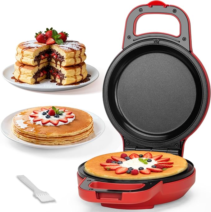 SugarWhisk Flip Pancake Maker Machine, Ceramic Coated Pancake Pan for 6.5 Inch Pancakes, Omelette, Crepe & Quesadilla, Frittata, Double Sided Omelette Pan Nonstick, Red