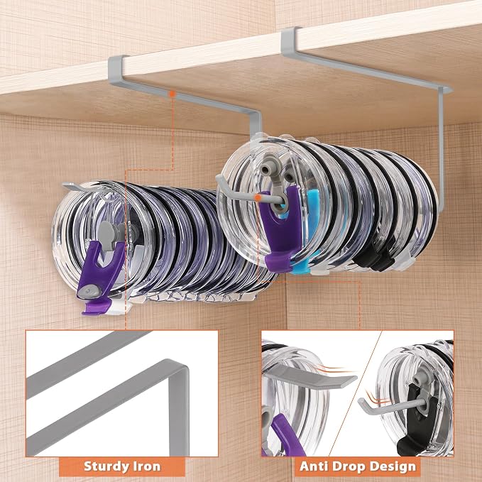2 Pack Tumbler Lid Organizer, Versatile Storage Holds 20 Lids, Round&Flat | Space Saving Cup Lid Organizers Inside Cabinet Tumbler Lid Hook for Pantry Kitchen Organizer, Paper Towel Rack Hanger, Grey