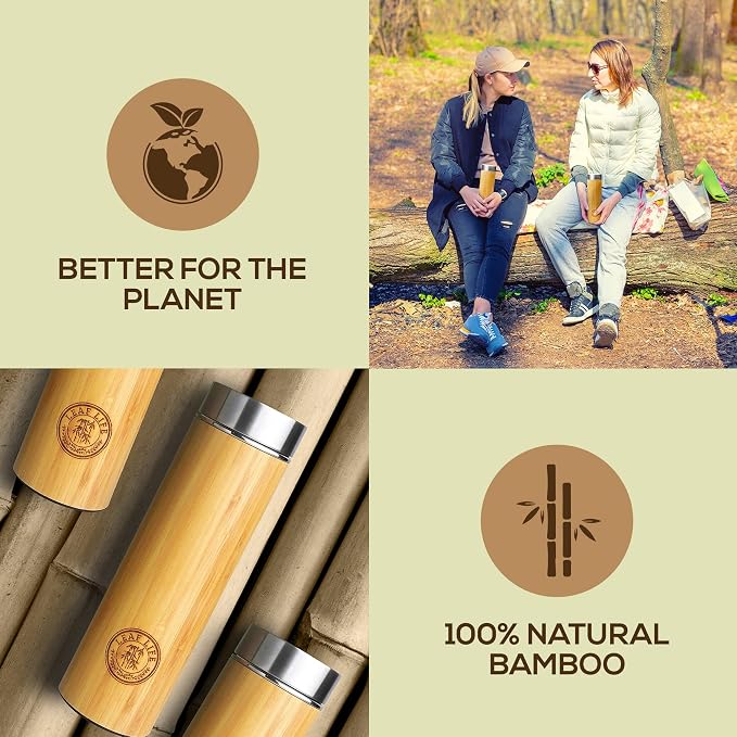 LeafLife Premium Bamboo Tea Tumbler with Infuser for Loose Leaf Tea | Insulated Coffee Bottle, Stainless Steel Gift Set, Leakproof Travel Mug, 12oz