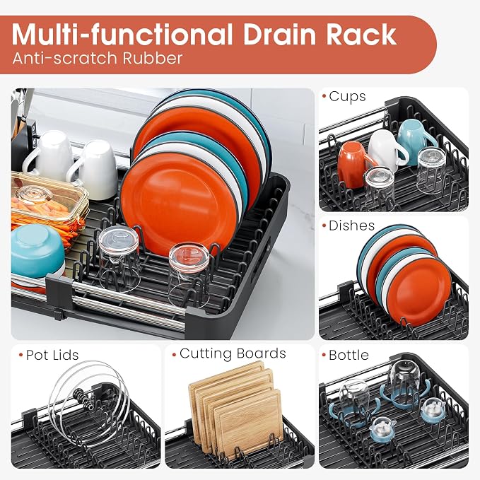 TOOLF Expandable Dish Drying Rack with Cutlery Holder, Standard, Black | Stainless Steel &PP, Extenable 12.6"-18.7"D, Anti-Rust, Auto-Drainage, Space-Saving, Fit for RV, Apartment Sink Countertop