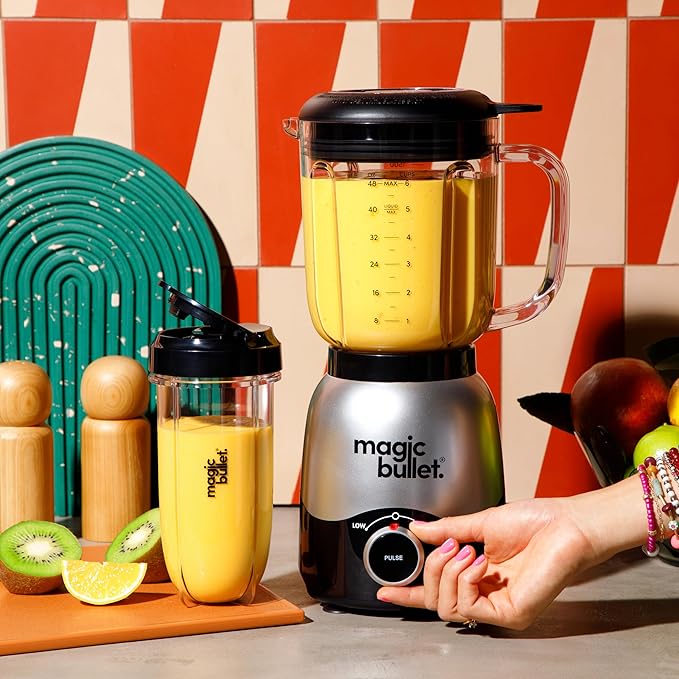 magic bullet Combo Blender, 600W, 48oz Pitcher, 16oz Cup with To-Go Lid, Easy Cleaning, Cross Blade, for Smoothies, Sauces, Shakes, Salsa, Hot Blends, Silver, MBF50200