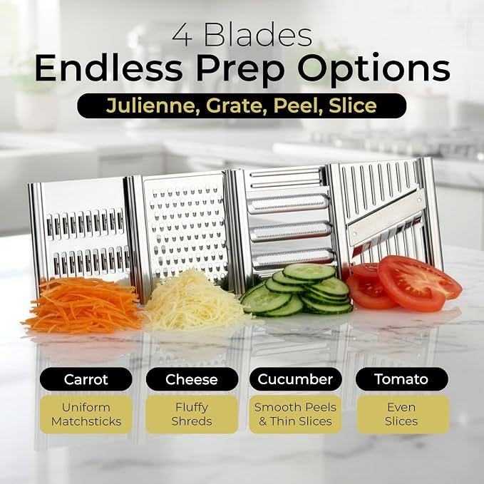 Gramercy Handheld Mandoline Slicer for Kitchen - Stainless Steel Veggie & Fruit Slicer with 4 Blades - Slicer, Julienne & Grater, Cut Resistant Safety Glove & Cleaning Brush Included, Dishwasher Safe