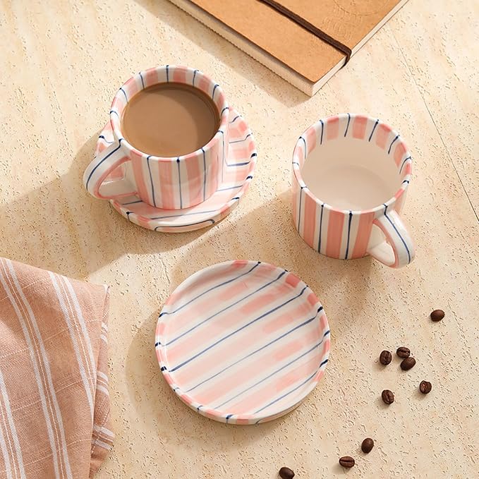 Hand-Painted Ceramic Coffee Mug and Saucer Set, 8 oz Artisan Striped Porcelain Espresso Cup, Decorative Tea Cup with Large Handle for Home, Office,Pink