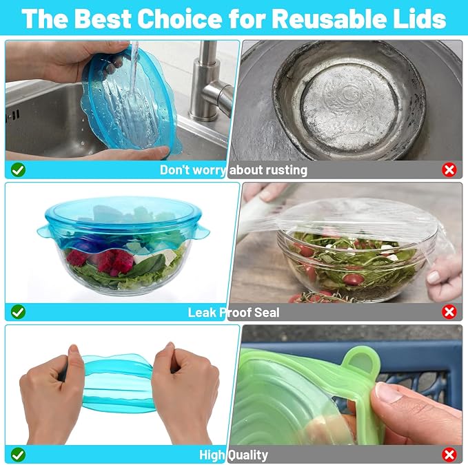 3PCS Silicone Stretch Lids for Food Storage, Reusable Elastic Silicone Lids for Bowls, Cups, Jars Cover, Microwave & Freezer Safe
