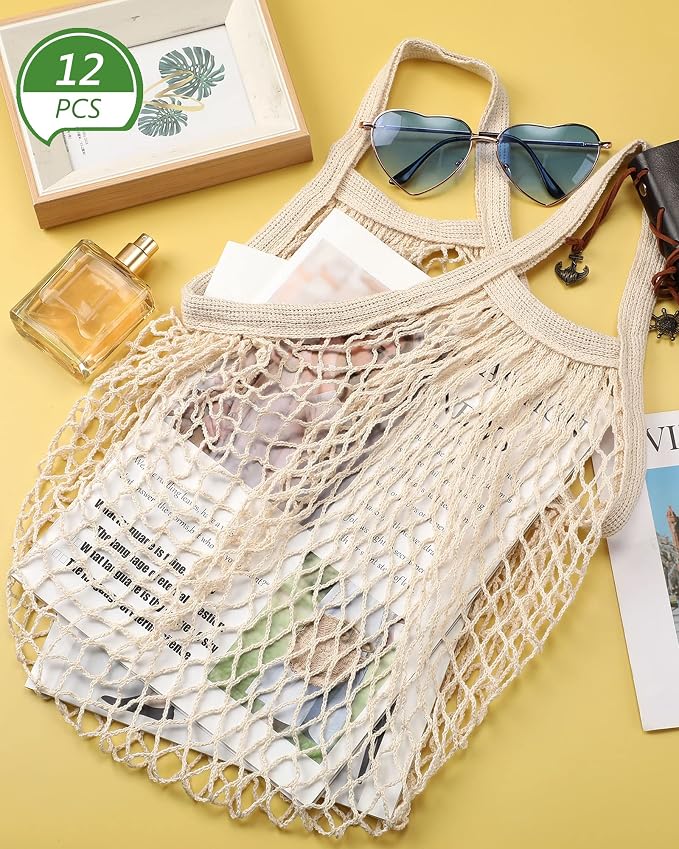 Eccliy 12 Pcs Reusable Mesh Grocery Bags Portable Cotton Produce Containers Washable Net Mesh Tote Bag Handle String Shopping(Beige)