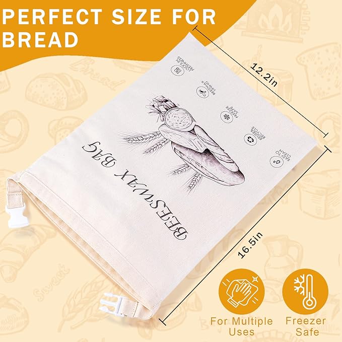 2-Pack Reusable Beeswax Bread Bags for Sourdough & Homemade Bread，Cotton Waxed Bags Keeps Fresh Longer(Ivory Loaf)