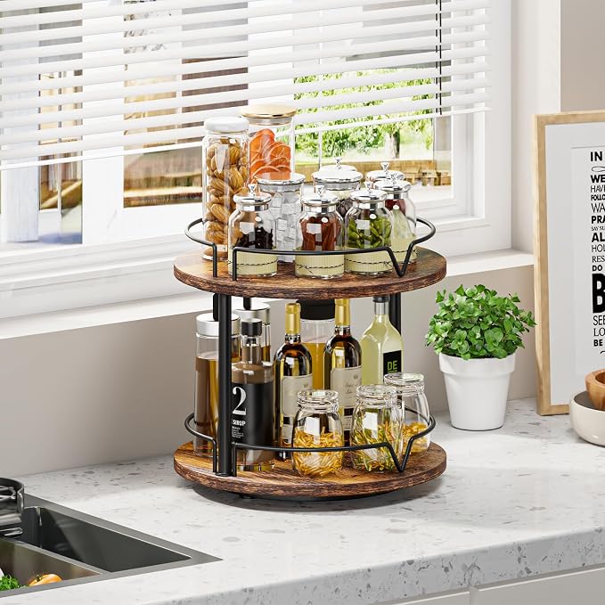 12" Wood Lazy Susan, Rotating Spice Rack, 2 Tier Spice Turntable Organizer, Industrial Turntable Spice Holder, for Kitchen Countertop and Cabinet, Compact and Versatile, Rustic Brown