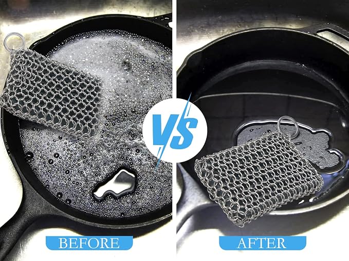 Herda 316L Cast Iron Scrubber Cleaner, Large Chainmail Cast Iron Cleaner | Honeycomb Silicone Insert,Flexible,Stainless Steel Chain Mail Metal Sponge Scrub Skillets,Oven,Flat Top,Grill Pan Pot Brush