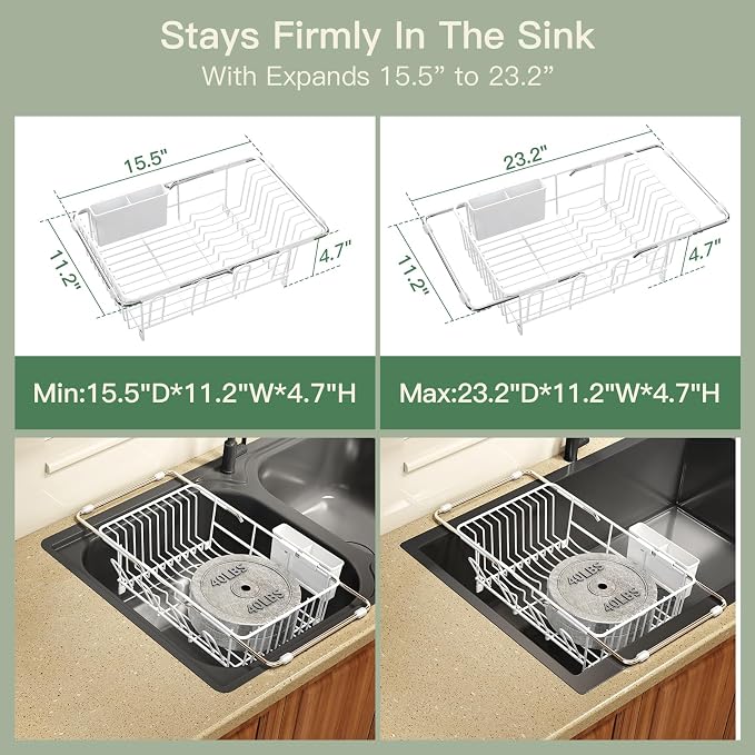 White Dish Drying Rack Over The Sink with Utensil Holder, Mat | Expandable Stainless Steel Dish Drainer for Small Kitchen, Apartment, RV, Counter Space Saving, Perfect Fit, Rustproof