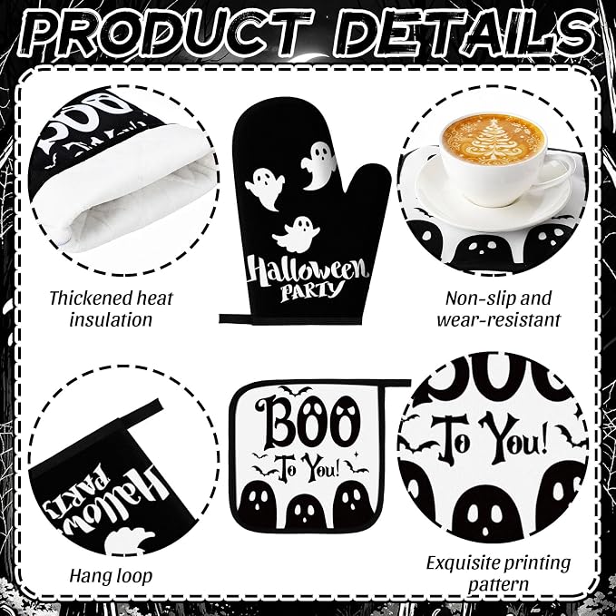 Fanfanwin 10 Pcs Halloween Ghost Kitchen Decor Set Ghost Kitchen Rugs Towels Pot Holders Oven Mitts Set for Baking Cooking BBQ Halloween Decorations