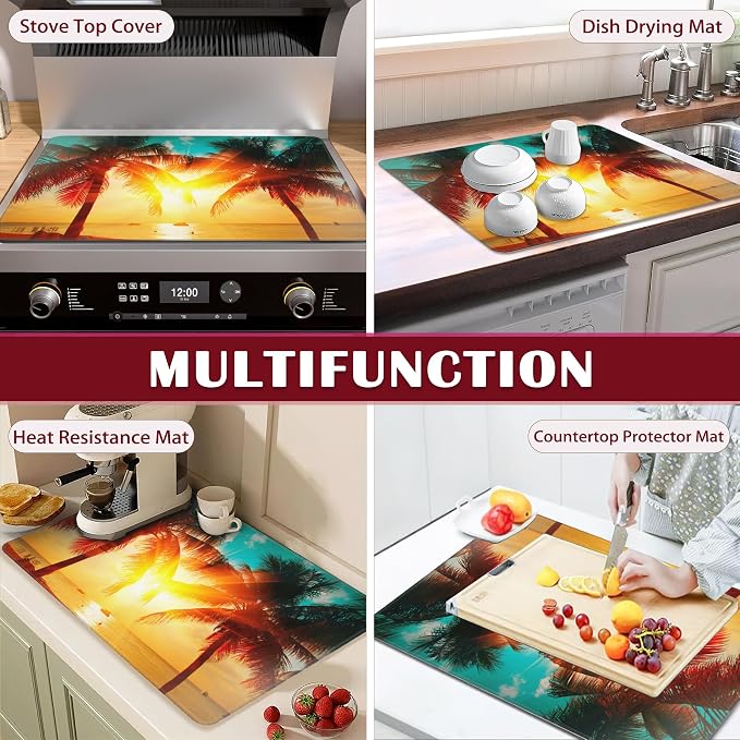 Tropical Palm Tree Sunset Beach Stove Top Cover for Electric, Glass Ceramic Stove Cover, Heat Resistant Flat Stovetop Protector, Dish Drying Mats for Kitchen
