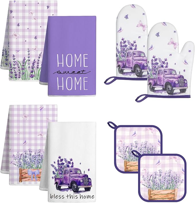 8 Pcs Lavender Spring Kitchen Towels Pot Holders and Oven Mitt Set Purple Kitchen Accessories 4 Dish Towels 2 Absorbent Square Potholders 2 Heat Resistant Glove for Cooking Baking Gift