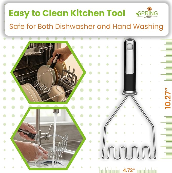 Spring Chef Stainless Steel Potato Masher, Heavy Duty Mashed Potato Smasher | Fruit & Food Smasher For Avocado, Banana, Eggs - Bean Smasher Tool - Durable Metal Mashing Kitchen Tool, Dishwasher Safe