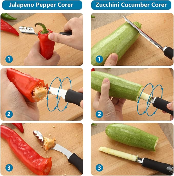 2 Pieces Jalapeno Pepper Corer Zucchini Cucumber Corer Remover with Serrated Slice and Rubber Handle Seed Remover or Slice Off Vegetables Tops for Kitchen | Rubber Handle, Chili Pepper Deseeder, Core Remover for Squash Poblano Veggie