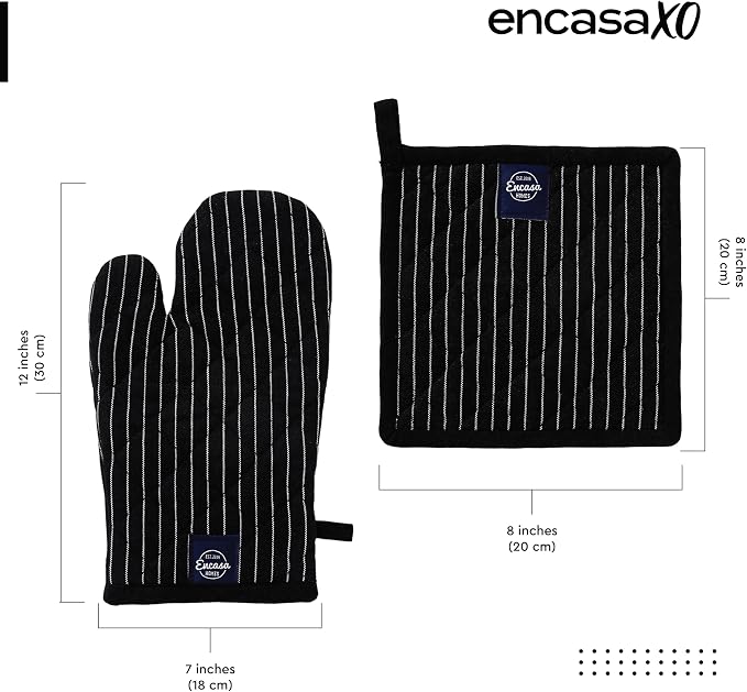 Encasa XO Oven Mitts and Pot Holders Set, Heat Resistant Cotton | Butcher Stripes Black, Diamond Quilted | Non-Slip Grip | Microwave & Oven Safe | Hanging Loop | Machine Washable | Set of 2