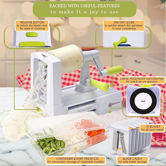 Brieftons 10-Blade Vegetable Spiralizer: Zoodle Maker & Veggie Noodle Maker, Potato String & Curly Fry Cutter, Japanese Steel Blades, Catch Container, Strong Suction Pad, 4 eBooks | Keto, Vegan, Paleo