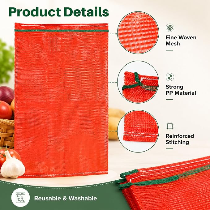 Sukh 7 PCS Large Mesh Onion Bags - 60 lb Capacity Mesh Storage Produce Bags | Hanging Reusable Breathable Vegetable Net Sacks with Drawstring for Onions, Potatoes, Citrus and Crawfish, 20 x 32 Inch, Red