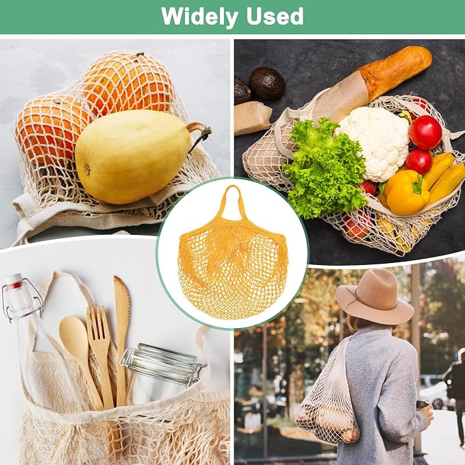 M METERXITY 1-Pack Cotton Mesh Bag, Reusable Washable Mesh Net String Grocery Bags, Reusable Produce Bags with Handle, Net Tote Bag for Fruits/Vegetables Shopping [Yellow, Short Handle]