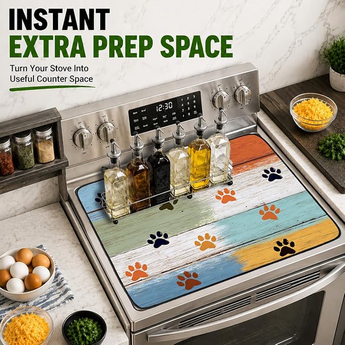 Electric Stove Top Cover for Glass Top, Dog Paw Prints Decor – Heat Resistant Flat Stove Top Covers, Decorative Scratch Protector Mat for Glass Ceramic Cooktop, Non-Slip, 28"x20"