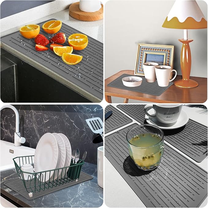 Dish Drying Mats, Heat-resistant Silicone Mat for Kitchen Counter, Non-Slip Dish Dry Mat Dishwasher Safe Medium, Gray