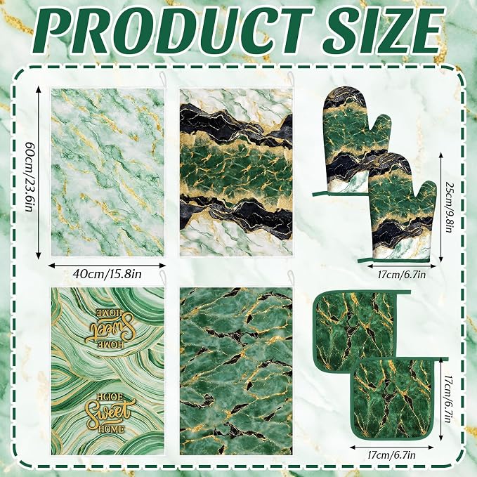Leinuosen 8 Pcs Green and Gold Marble Kitchen Towels and Dishcloths Sets Oven Mitts and Pot Holders Absorbent Kitchen Gloves Potholders Heat Resistant for Chef Baking Cooking