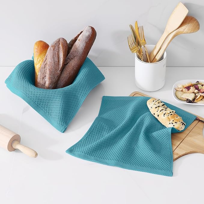 Kitinjoy 100% Cotton Waffle 6-Pack Kitchen Towels, 12" x 12", Lake Blue | Ultra Absorbent, Super Soft, lightweight, Quick Drying Dish Rags for Washing Dishes
