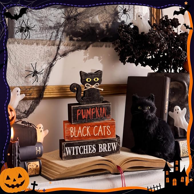 Lineshading 4 Pcs Halloween Black Cat Tiered Tray Decor Wooden Signs | Rustic Farmhouse Tabletop Decoration, Stackable with Halloween Phrases, Seasonal Home Display, Gift-ready Decor Set