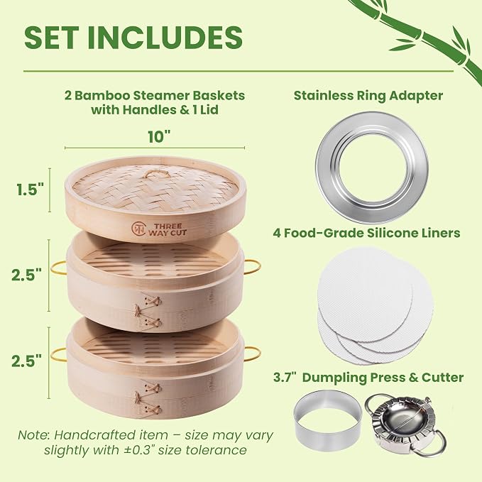 Bamboo Steamer 10 Inch 2 Tier Wooden Basket With Handle, Ring Adapter, Reusable Silicone Liner, Adapter, Molder Press For Cooking Vegetables Dumpling Press & Dough Cutter for Steaming Chinese Asian Food & Bao Bun, Dim Sum Potsticker