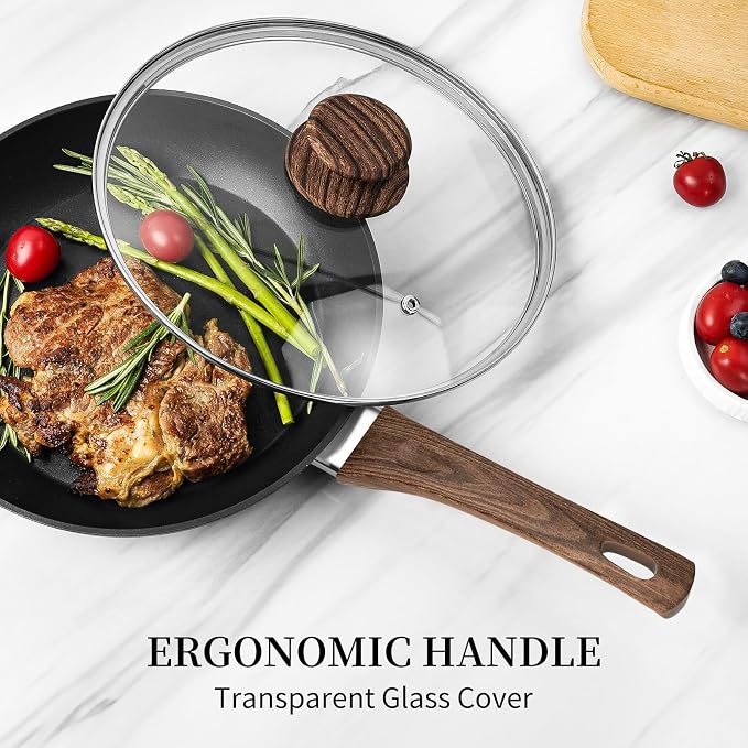 Innerwell Nonstick Ceramic Frying Pans Skillets Set with Lid 8"+9.5"+11" | No Toxic Egg Omelette Frying Pan, All Stove Compatible, Healthy Granite Induction Cooking Pan, PFOA & PFAS Free, Black