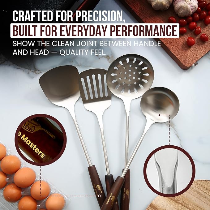 Pre-Seasoned Cast Iron Nonstick Stir-Fry Pan | Dual Handles & 4 Spatulas | Flat Bottom Wok with Wooden Lid & Wood Handle | Traditional Chinese Induction Wok (36Cm)
