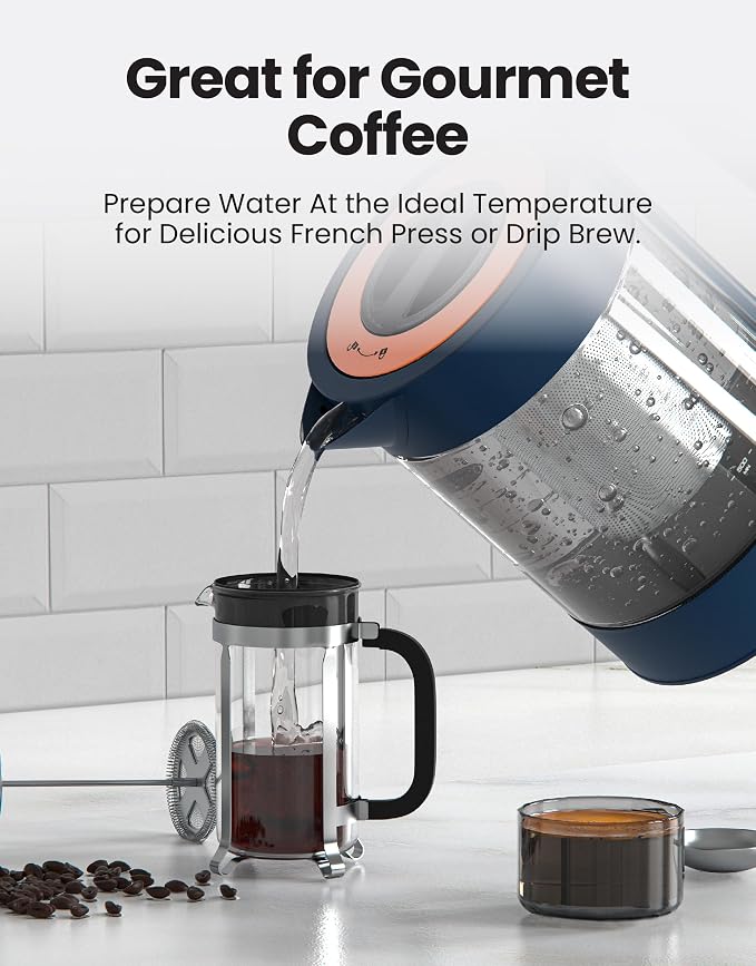 Viante Alba Electric Tea Kettle, Infuser, No Plastic, 1.5L, Midnight Blue | Borosilicate glass & 304 stainless steel construction. 4 temp presets, keep-warm, cordless, auto shut-off