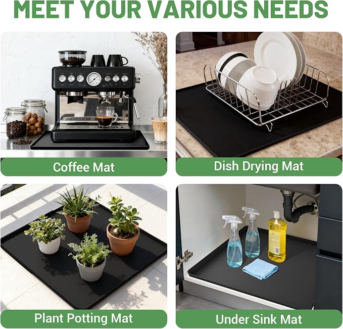 16-inch Coffee Mat - Heat Resistant Silicone for Coffee Bar & Kitchen Counter - Bar Mat for Countertops - Decor Under Espresso Machine & Makers (Black)