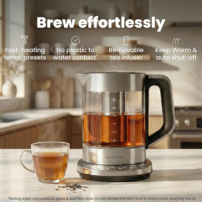 Viante Alba Electric Tea Kettle With Infuser, No Plastic, 1.5L | Borosilicate glass & 304 stainless steel construction. 4 temp presets, keep-warm, cordless, auto shut-off