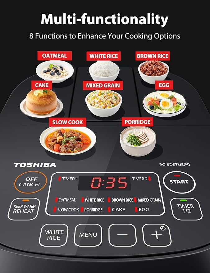 TOSHIBA Small Rice Cooker, 3-Cup Uncooked, for 1-3 People, LCD Display, 8 Cooking Functions, Nonstick Inner Pot, Grey