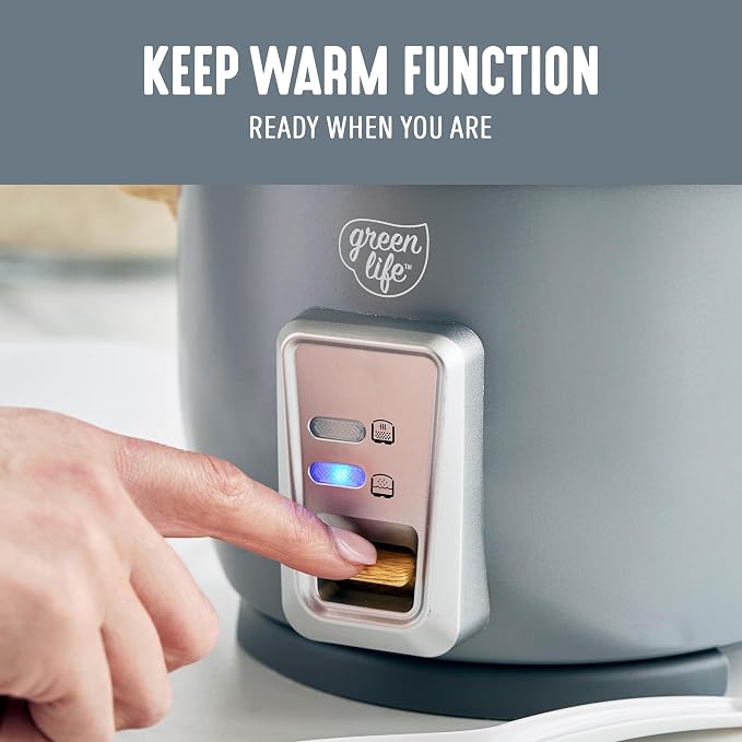 GreenLife Rice Cooker, 3-Cups Uncooked/6-Cups Cooked, Gray | PFAS-Free Ceramic Nonstick Removable Pot, One-Switch Design, Grains Multicooker, Keep Warm, Dishwasher Safe Parts, Easy Clean