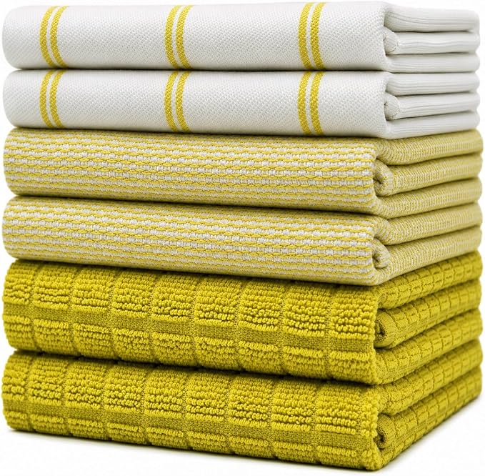Premium Kitchen Towels 6 Pack 100% Cotton, 20"x28" Dish Towels Lime Check | Large Flat & Terry Kitchen Linen Set with Hanging Loops, Highly Absorbent for Washing and Drying Dishes