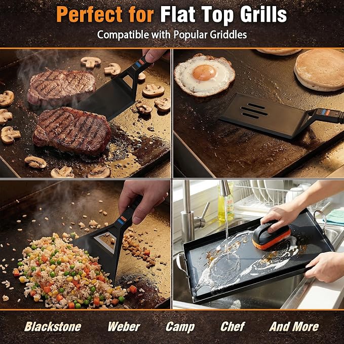 Utheer Griddle Kit, 17 x 13 Inch Pre-Seasoned Cast Iron Flat Top | Includes scratch-free tools for cooking, universal design works with gas grills, charcoal grills and camping