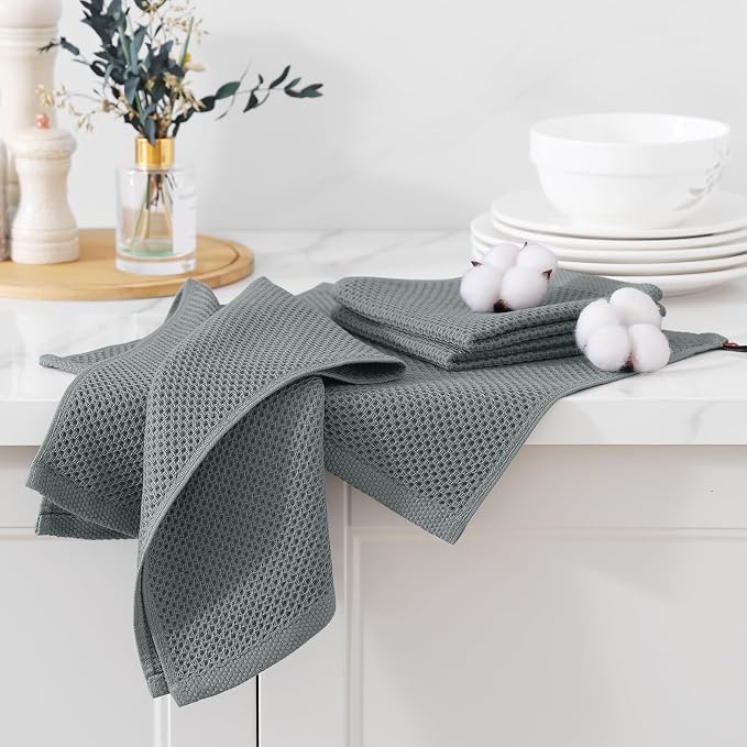Kitinjoy 100% Cotton Waffle 6-Pack Kitchen Towels, 12" x 12", Grey | Ultra Absorbent, Super Soft, lightweight, Quick Drying Dish Rags for Washing Dishes