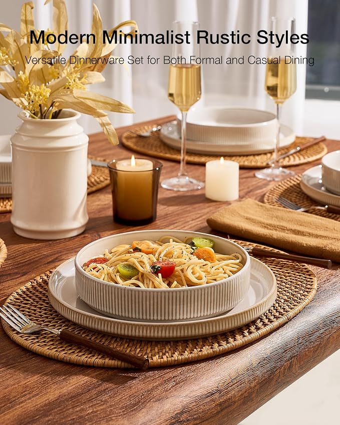 Famiware Star Stoneware Dinnerware Set, 8pc Dishes for 4, Cappuccino White | 7.5" Shallow Pasta Bowls & 10.5" Flat Dinner Plates, Everyday Dining, Chip & Scratch Resistant, Microwave & Dishwasher Safe